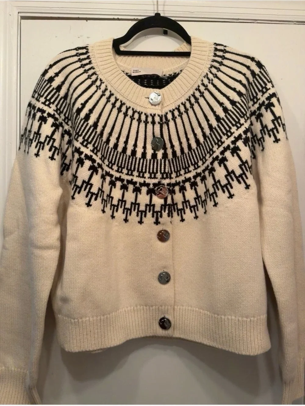 Tory Burch Cream and Black Nordic Yoke Cardigan